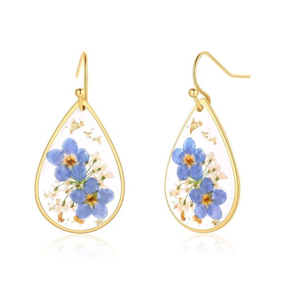 Women Gold Anne's Lace Pressed Wildflower Earrings Teardrop Gift for Woman - Picture 1 of 7